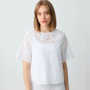 Jennifer & Grace White Eyelet 100% Cotton Relaxed Fit Openwork Round Neck Blouse